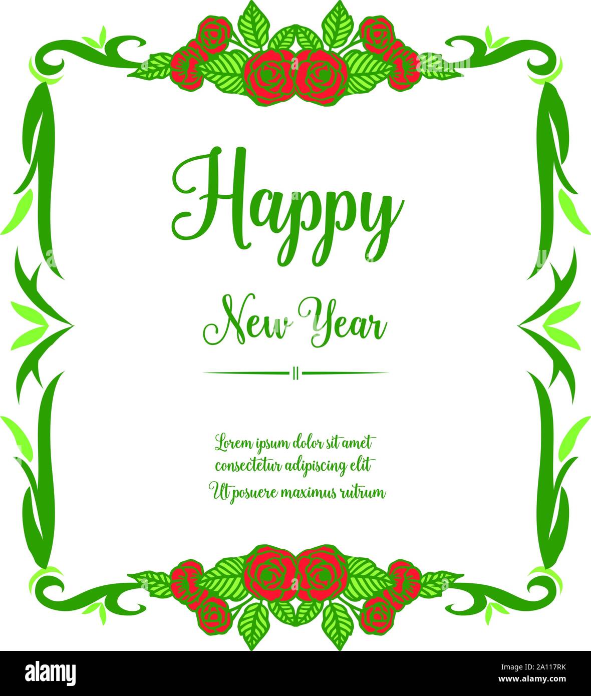 Greeting card happy new year, with beautiful red rose flower frame ...
