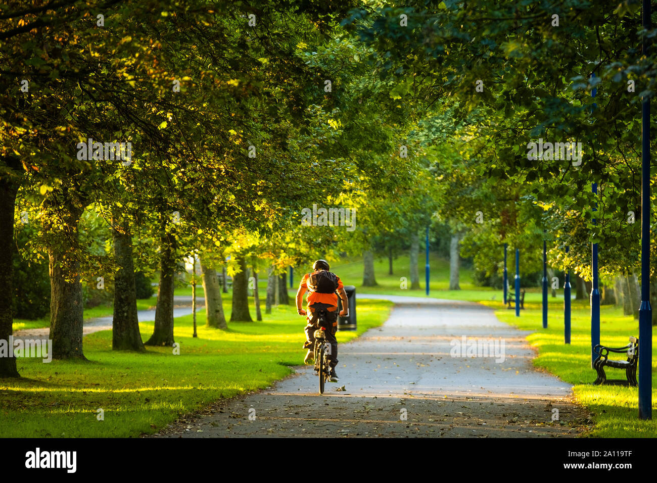 Aberystwyth, Wales, UK. 23rd Sept, 2019. UK Weather: A man cycling down Plascrug Avenue at daybreak on a bright and sunny Equinox morning, September 23 2019, the first day of official autumn in the northern hemisphere. Today the length of the day and night are roughy equal. Photo Credit: keith morris/Alamy Live News Stock Photo