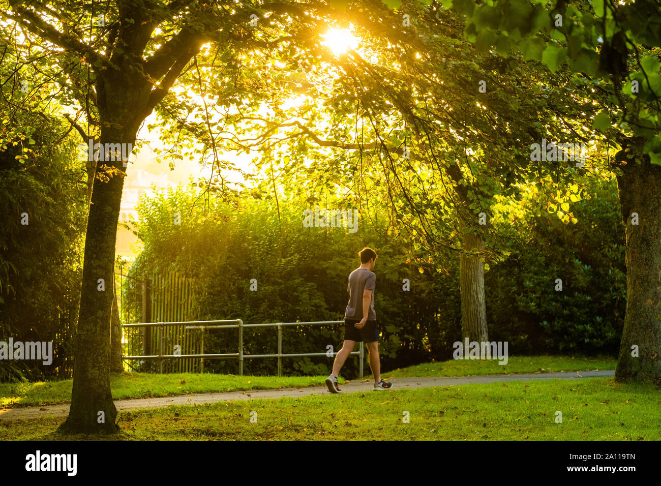 Aberystwyth, Wales, UK. 23rd Sept, 2019. UK Weather: A man walking down Plascrug Avenue at daybreak on a bright and sunny Equinox morning, September 23 2019, the first day of official autumn in the northern hemisphere. Today the length of the day and night are roughy equal. Photo Credit: keith morris/Alamy Live News Stock Photo
