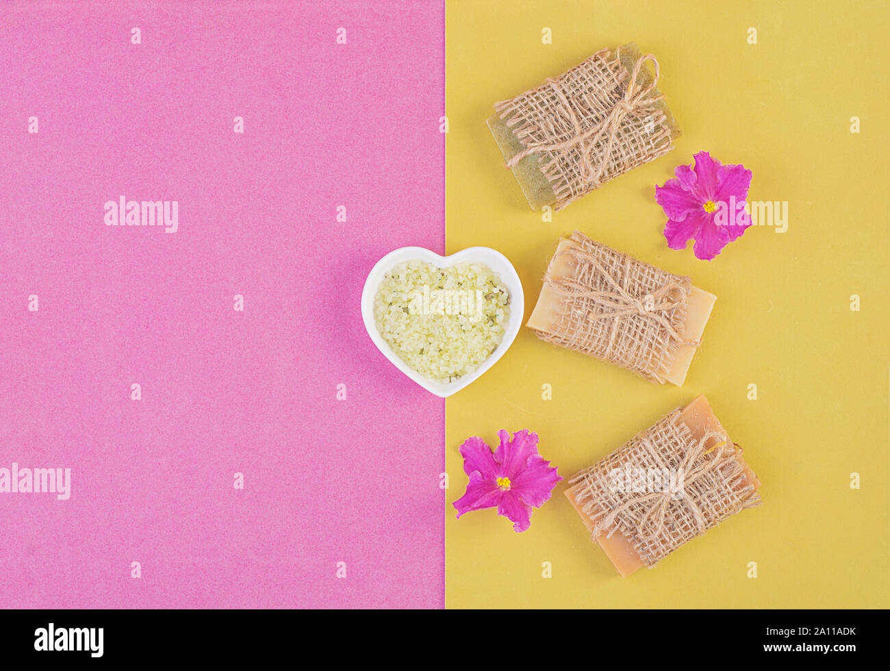 Download Hand Made Soap Bars On Pink Yellow Background Top View Mockup For Design Stock Photo Alamy Yellowimages Mockups