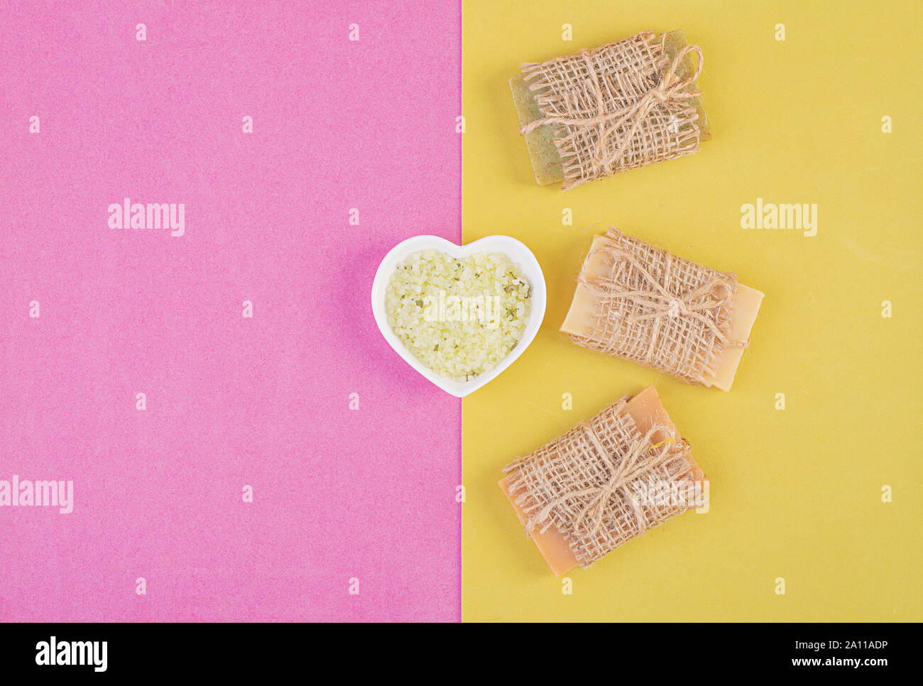 Download Hand Made Soap Bars On Pink Yellow Background Top View Mockup For Design Stock Photo Alamy PSD Mockup Templates