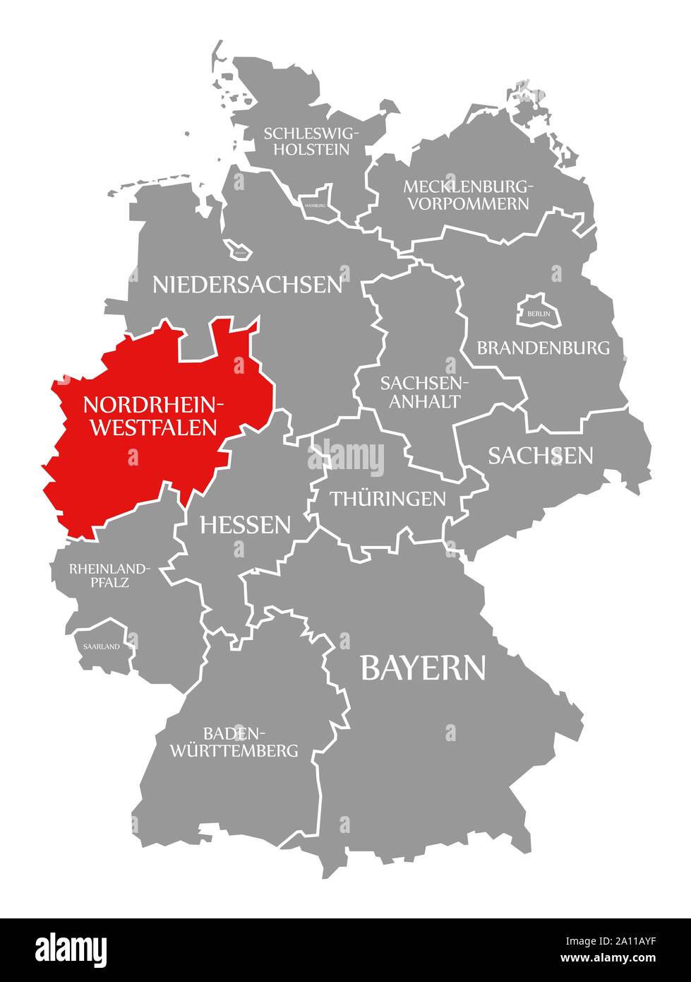 North Rhine Westphalia red highlighted in map of Germany Stock Photo