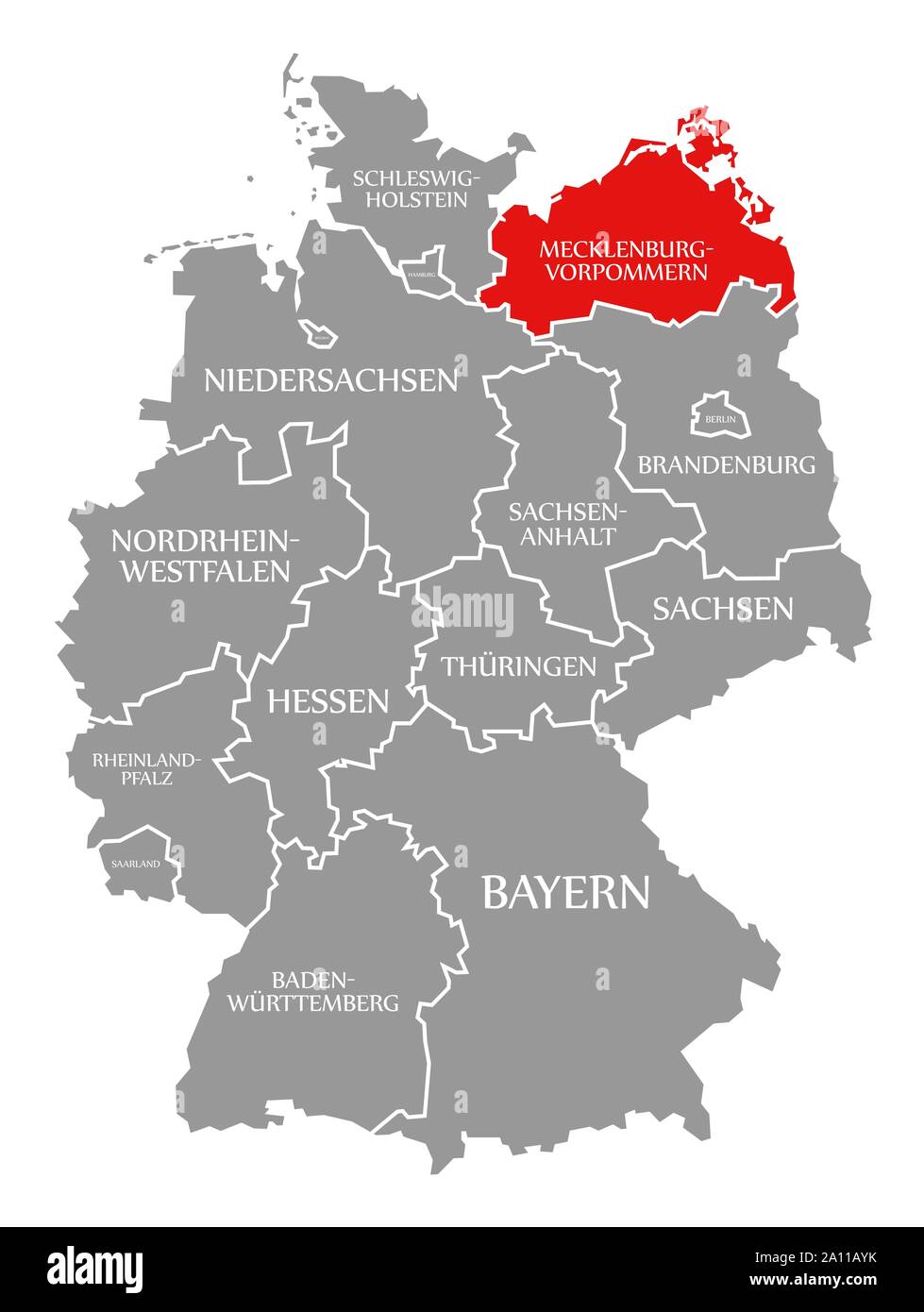 Mecklenburg Western Pomerania red highlighted in map of Germany Stock Photo