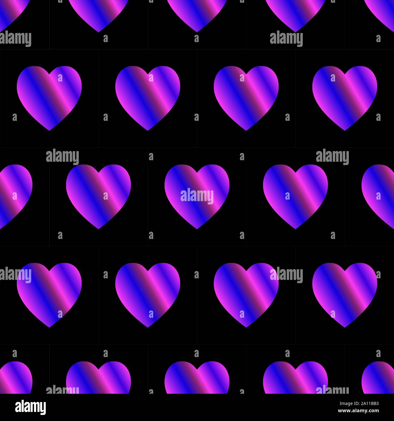 Seamless trendy pattern with neon gradient hearts on black. Background can be printed on textile, wallpaper, wrapping paper, greeting cards, etc. Vector illustration. EPS10 Stock Vector