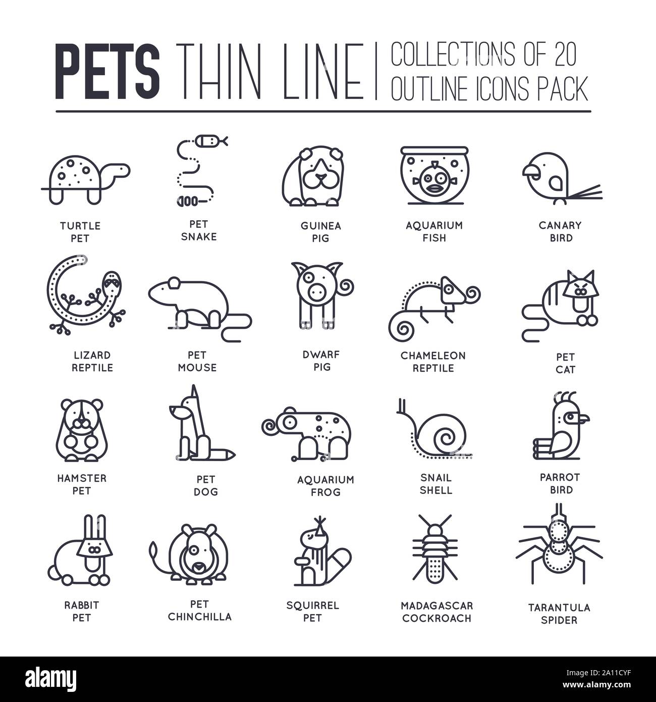 Set of adorable pets thin line icons, logos isolated on white background. Domestic animal and insects outline pictograms collection. Tamed home habitant vector elements for infographic, web. Stock Vector