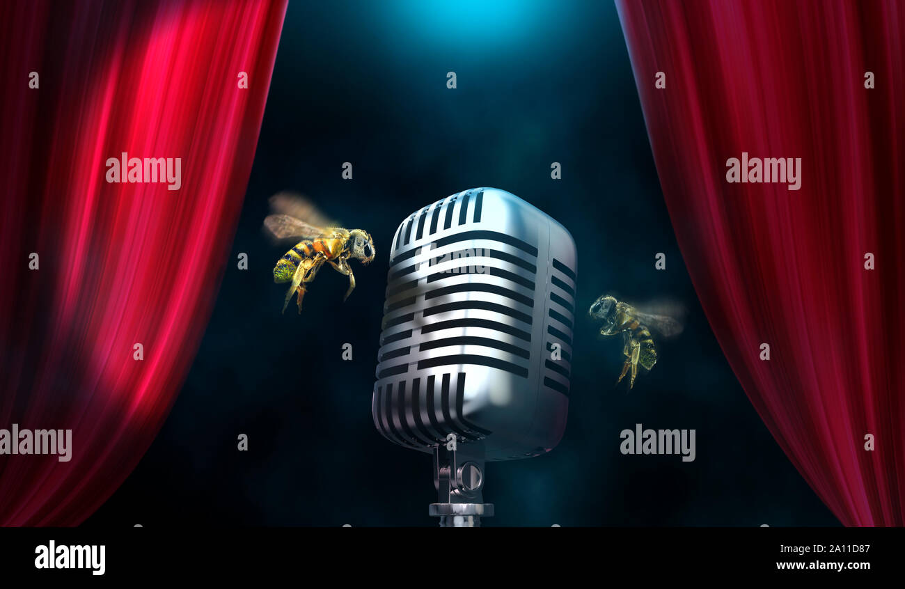 Honey bees in concert. Microphone buzzing noise concept. Stock Photo