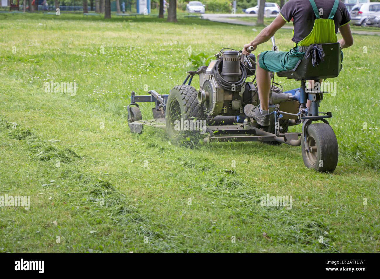 Worker mowing grass in a city park. Stock Photo