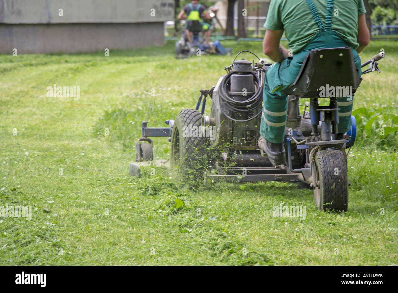 Worker mowing grass in a city park. Stock Photo