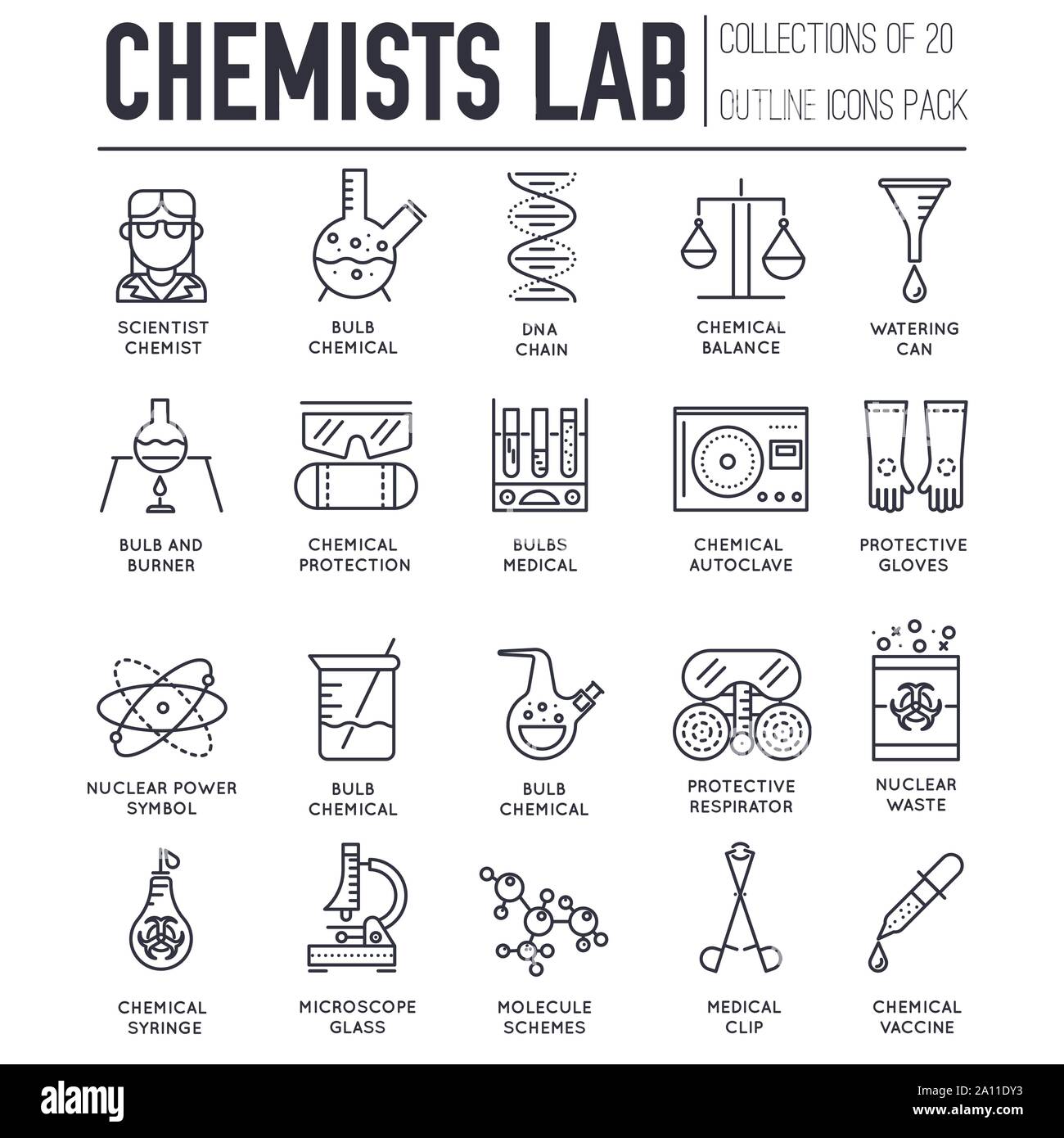 Set of thin line icons, logos about chemical and medical laboratory