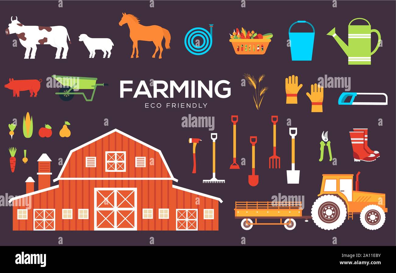 Set of farm objects and characters. Agricultural building, animals, grains, vegetables, tools, equipment. Livestock and crop growing vector illustration. Eco friendly concept for web and infographic. Stock Vector