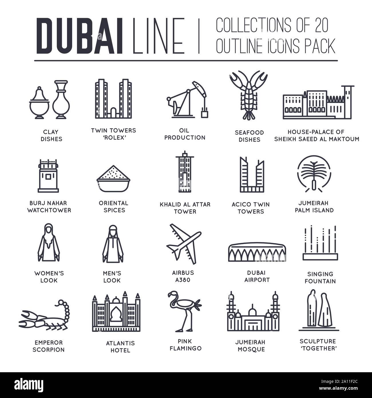Set of culture symbols and sightseeing attractions of Dubai thin line icons on white. Famous architecture outline pictograms collection. Landmarks, dishes vector elements for infographic, web. Stock Vector