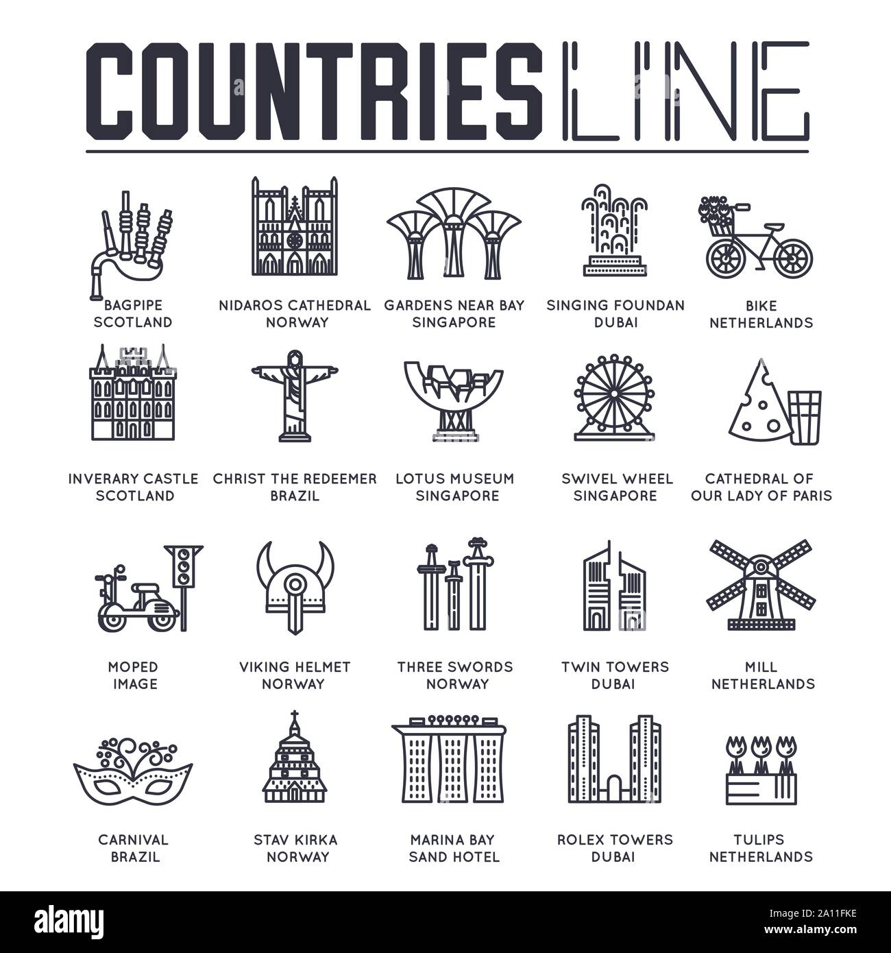 Set of famous architecture and places of countries all over the world thin line icons isolated on white. Attractions outline pictograms collection. Landmarks vector elements for infographic, web. Stock Vector