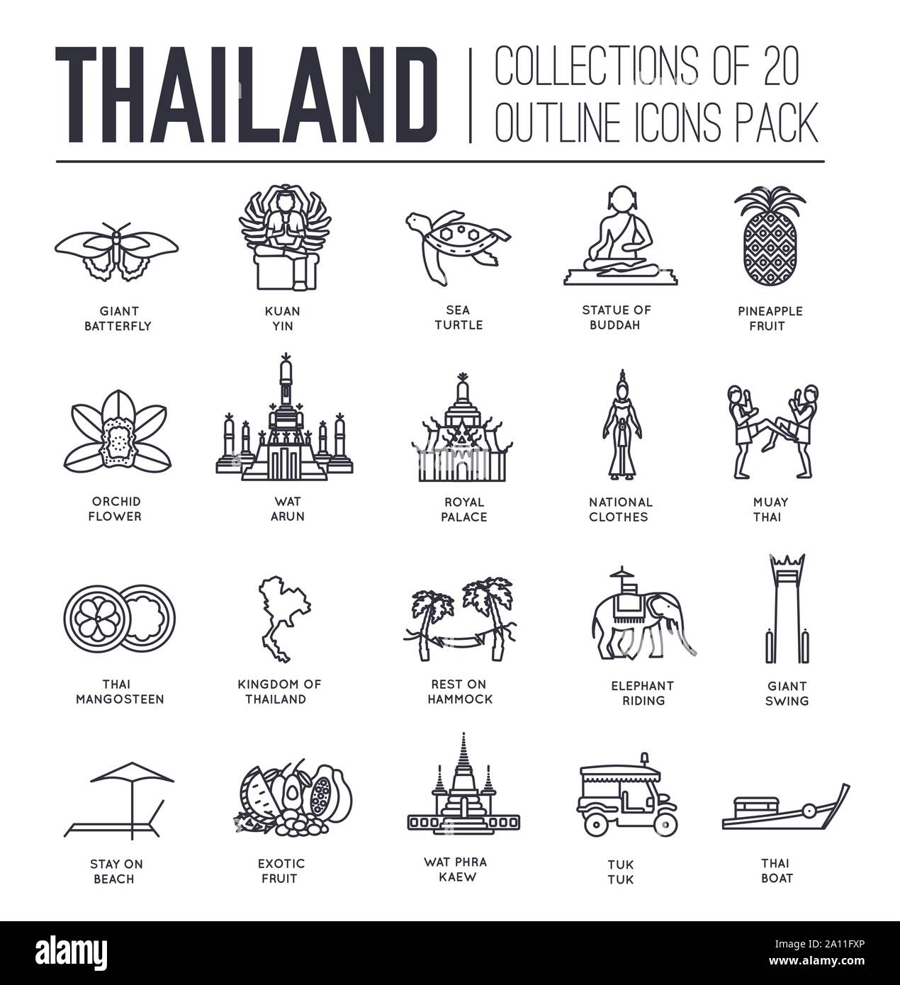 Set of cultural symbols and sightseeing attractions of Thailand thin line icons on white. Landmarks outline pictograms collection. Thai cuisine, traditions vector elements for infographic, web. Stock Vector