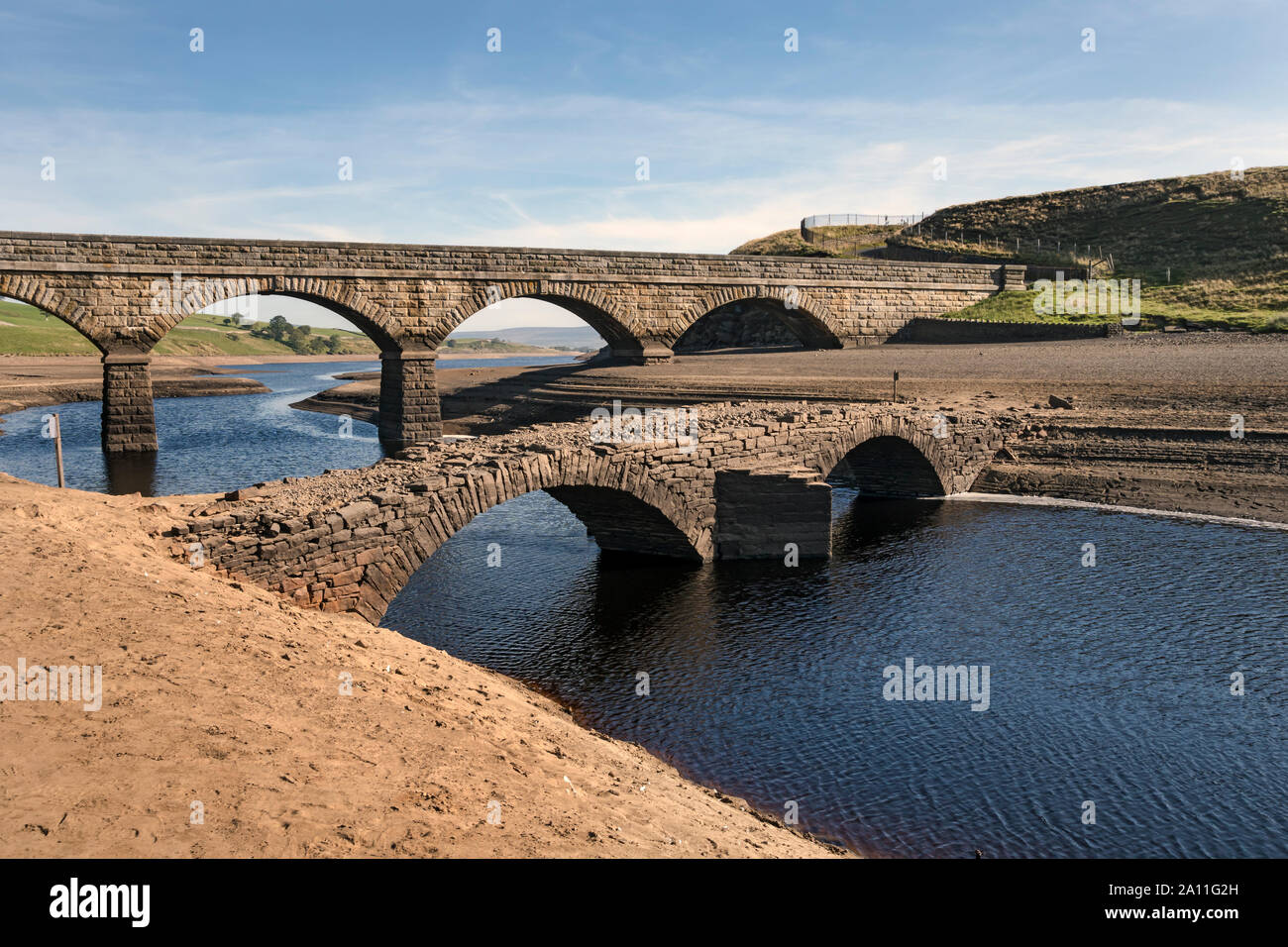 Grassholme Reservoir, County Durham. Partially drained to allow repair work to be carried out on the dam wall. Stock Photo