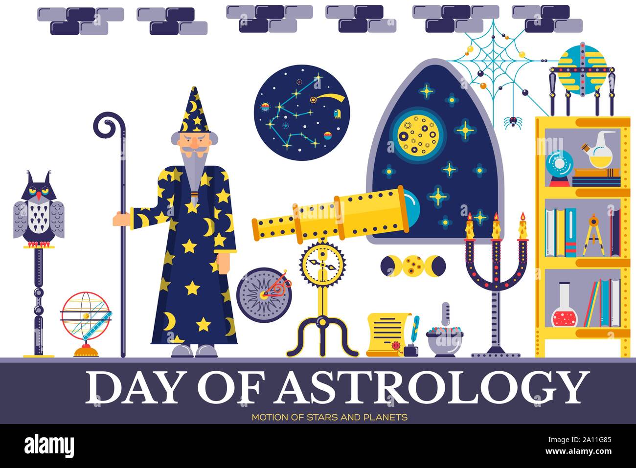 Senior astrologer with beard in hat standing in lab. Ancient alchemy tools and equipment: telescope, globe, bulbs, crystal ball, books are in room. Vector flat magic wizard objects. Stock Vector
