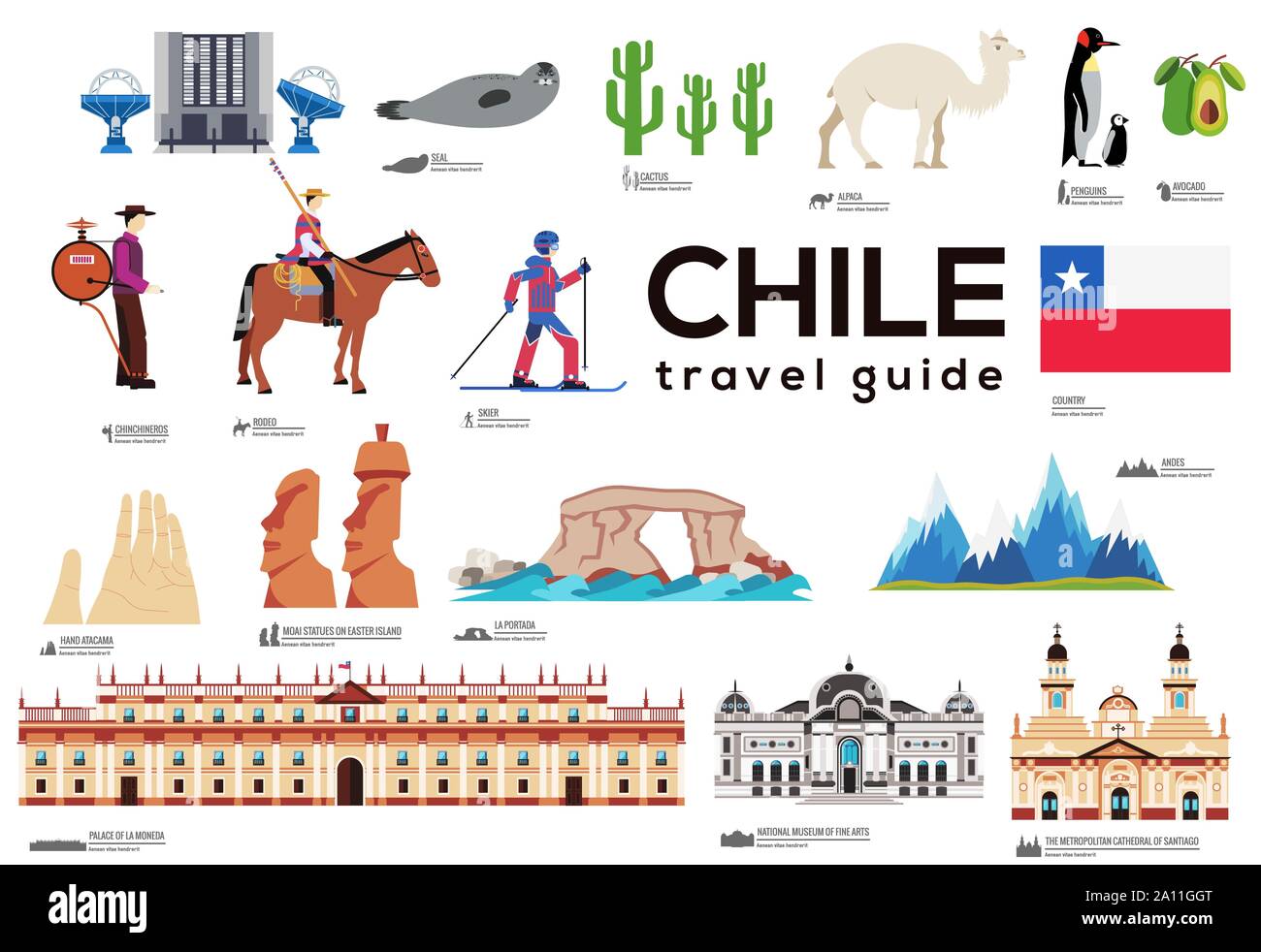 Chile travel guide template. Set of chilean landmarks, cuisine, traditions flat icons, pictograms on white. Sightseeing attractions and cultural symbol vector elements for tourist infographic, web. Stock Vector