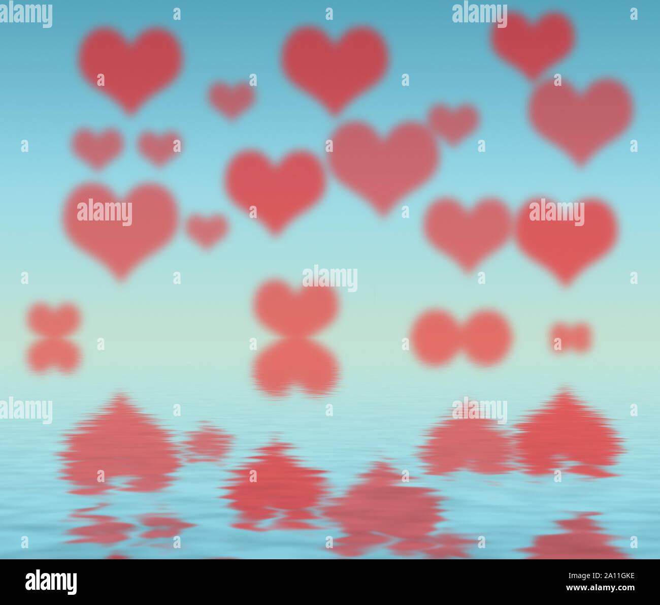 Many blurred hearts shapes in the sky and reflecting in water - simple illustration. Stock Photo