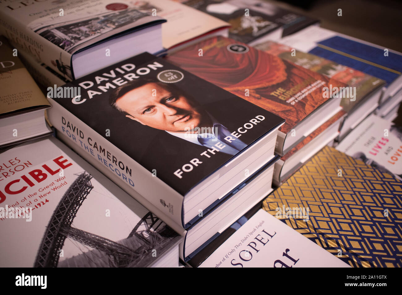 Ex prime minister of the UK, David Cameron's autobiography 'For the Record' on sale in a bookstore. An inside view of his life in politics and at home Stock Photo