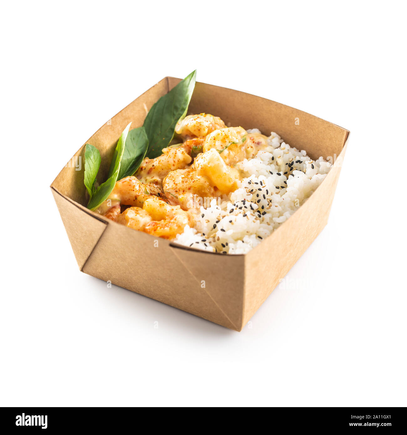 Japanese asian meal in a box of recycled paper isolated on white background  Stock Photo - Alamy