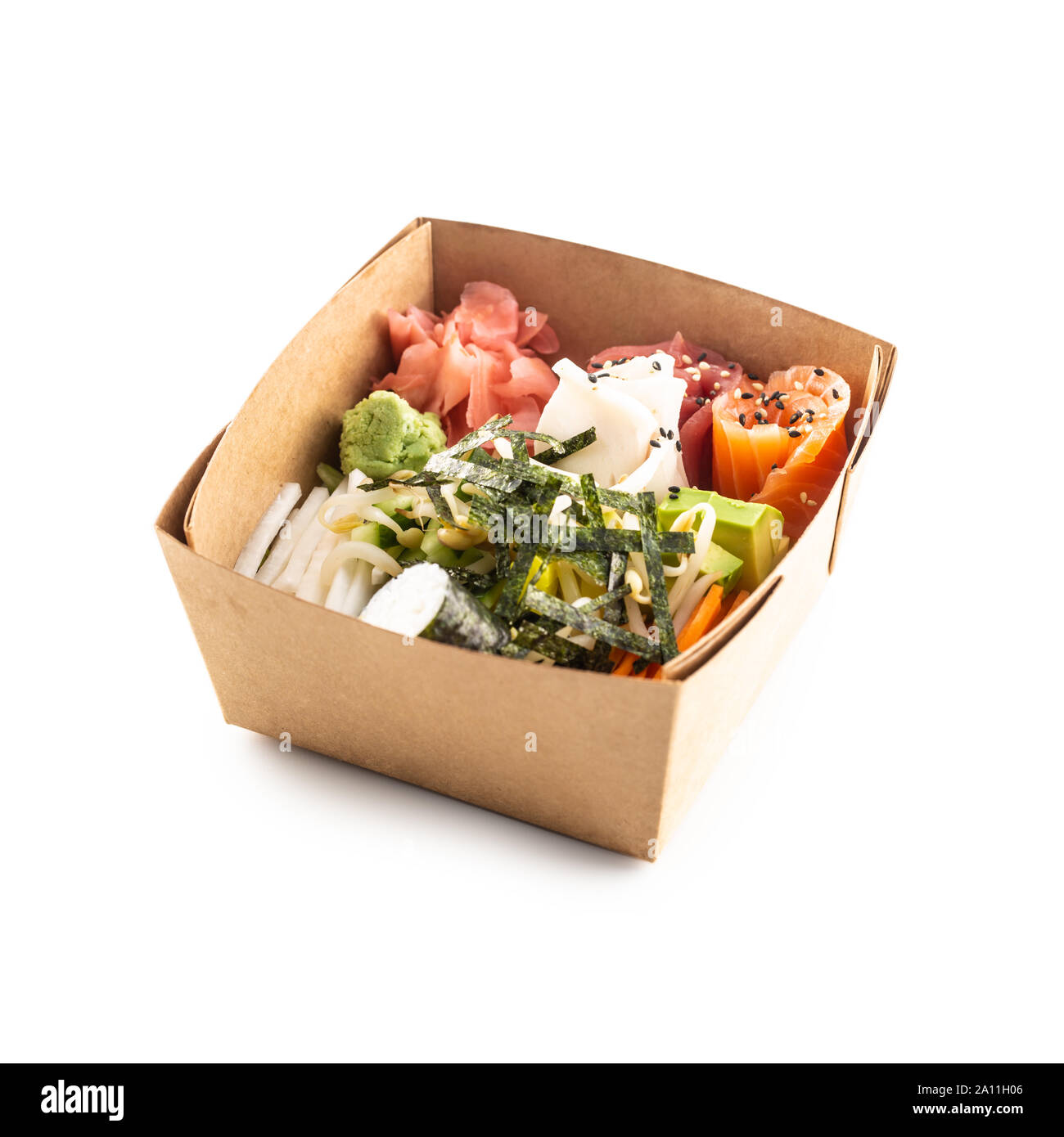 https://c8.alamy.com/comp/2A11H06/japanese-asian-meal-in-a-box-of-recycled-paper-isolated-on-white-background-2A11H06.jpg