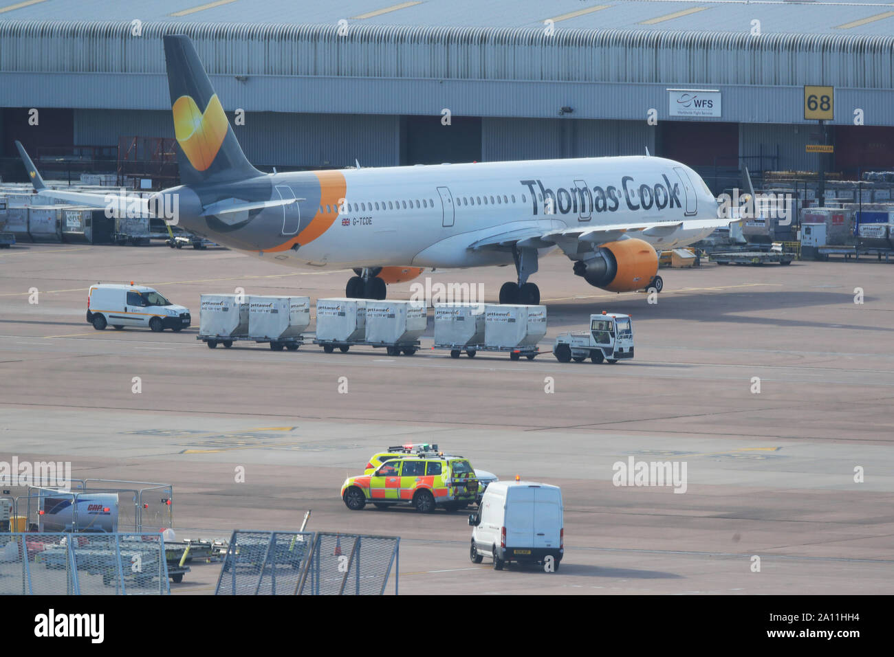 A Thomas Cook aircraft parked at Manchester Airport as the 178-year-old tour operator has ceased trading with immediate effect after failing in a final bid to secure a rescue package from creditors. Stock Photo