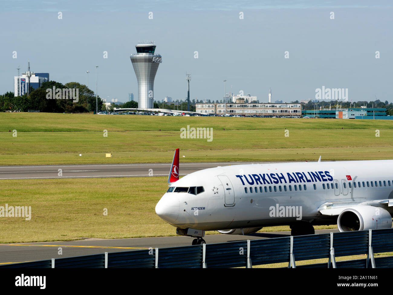 Turkish Airlines Boeing 737-800 taxiing at Birmingham Airport, UK (TC-JVV) Stock Photo