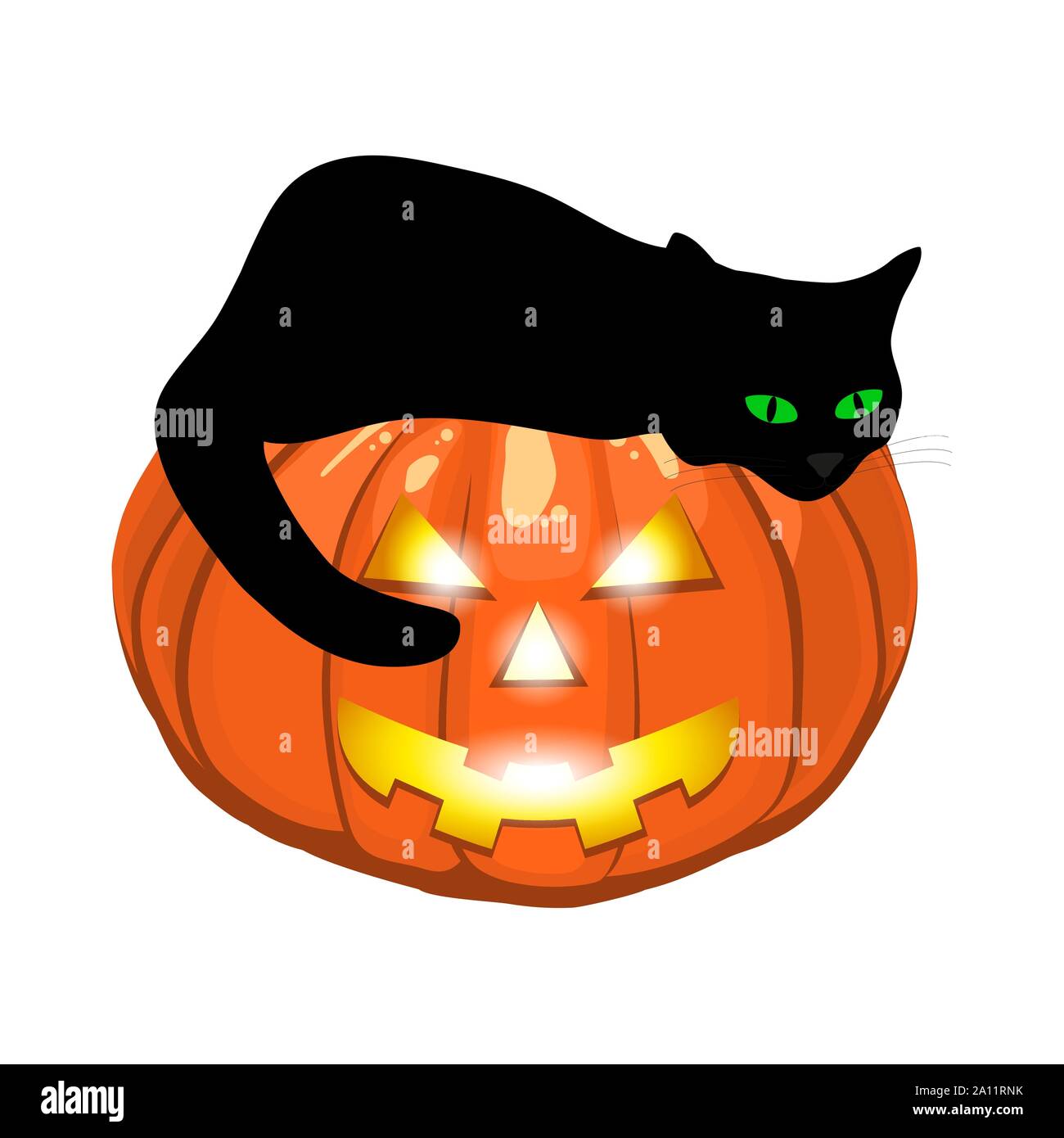 Black cat lies on an evil pumpkin jack lantern for halloween Stock Vector