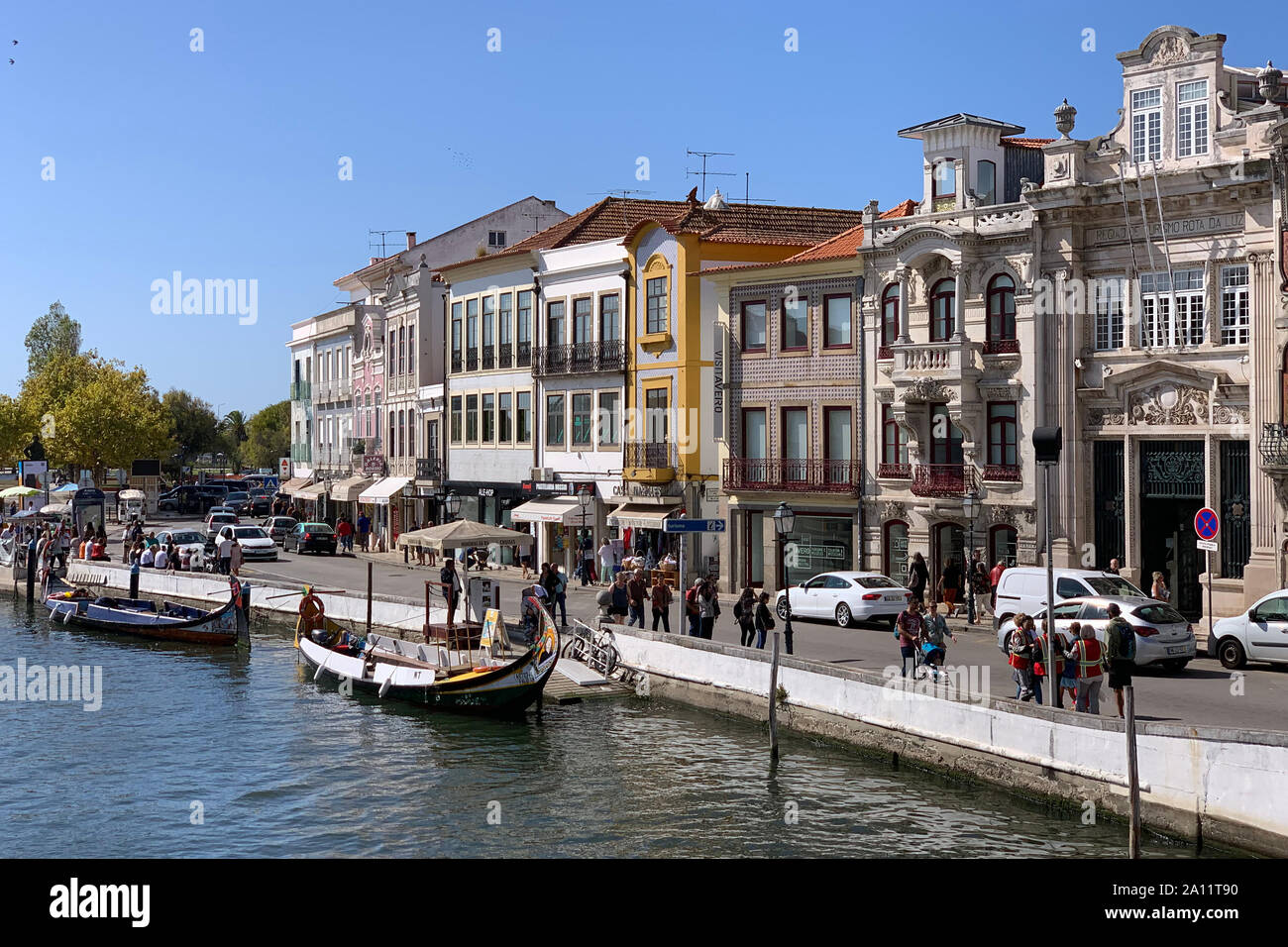 September 2019, City of Aveiro - Portugal, Traditional Moliceiro boats with hand painted bows. Stock Photo