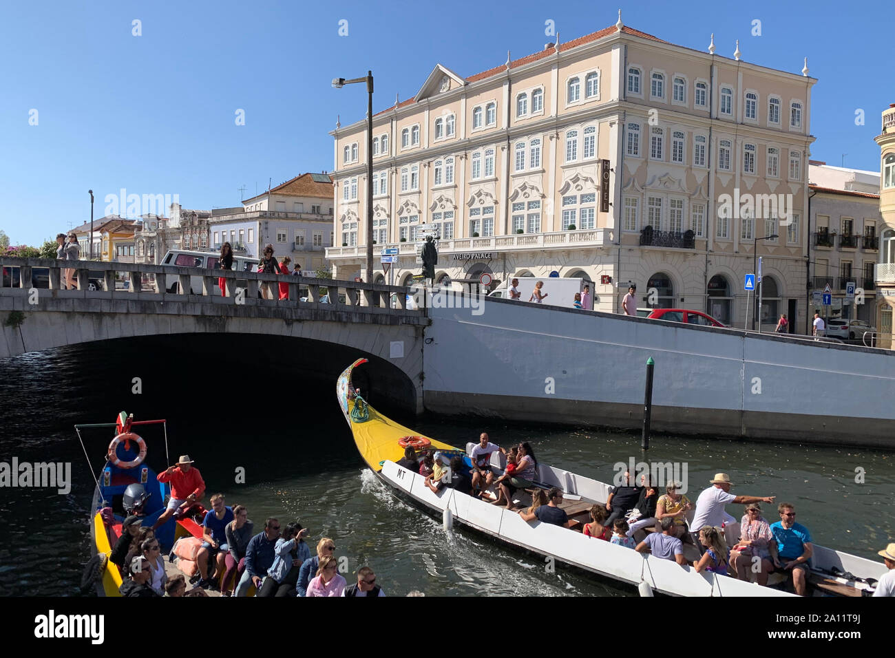 September 2019, City of Aveiro - Portugal, Traditional Moliceiro boats with hand painted bows. Stock Photo