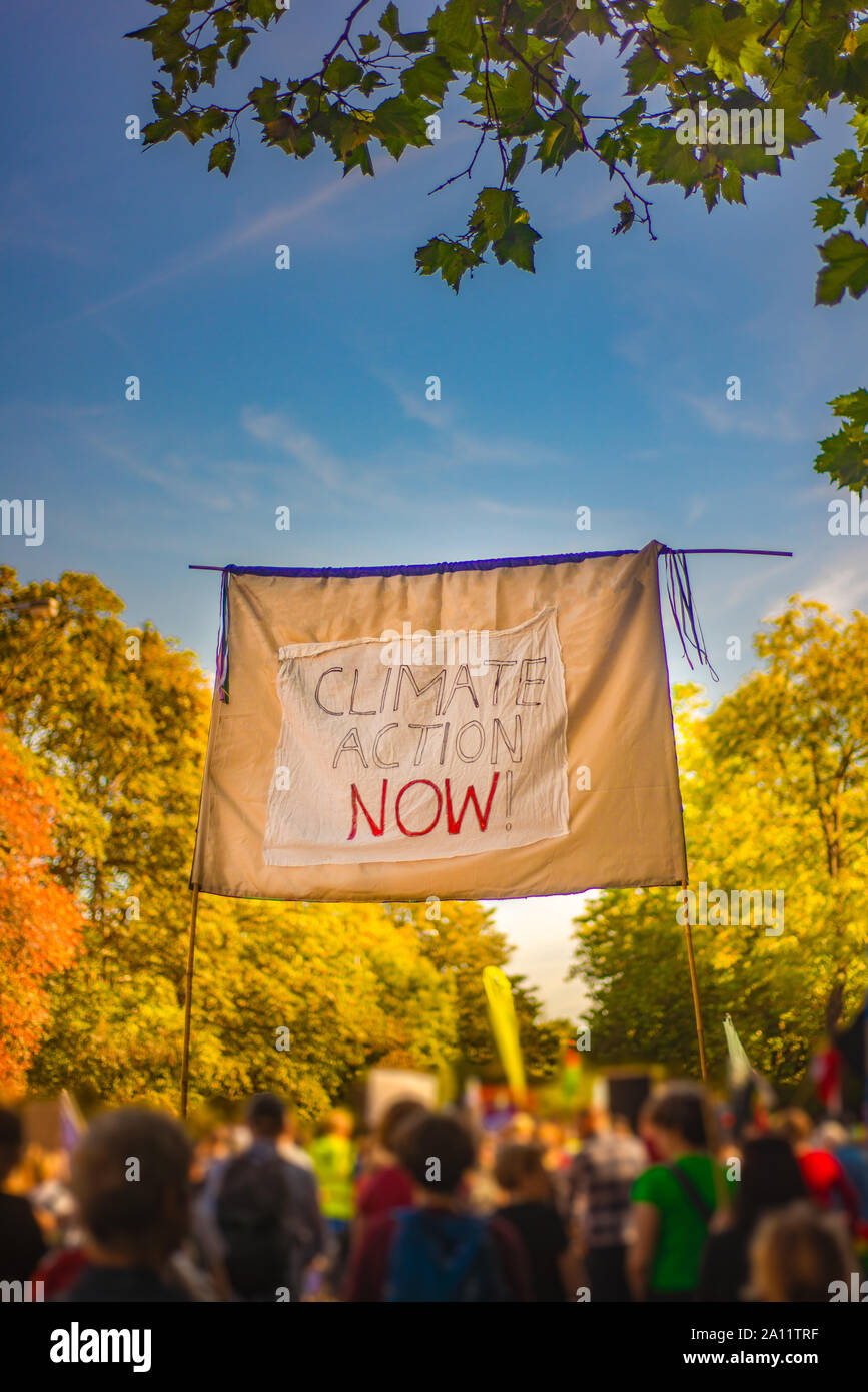 School Strike for Climate March on a Beautiful Autumn Day in Scotland Stock Photo