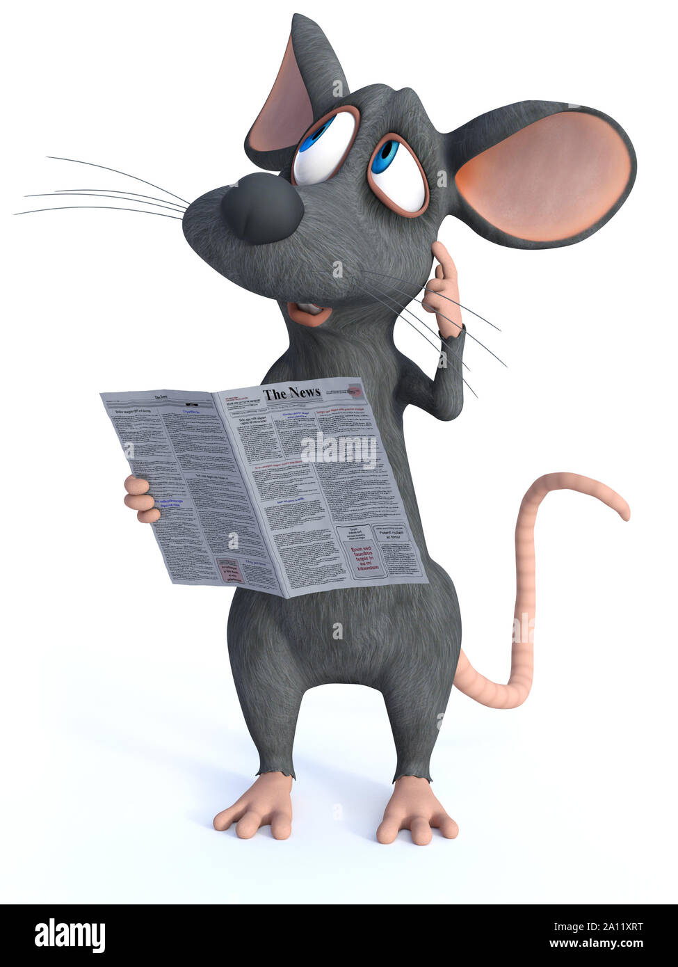 3D rendering of a cute cartoon mouse standing and holding a newpaper in his hand while scratching his head thinking about something. White background. Stock Photo