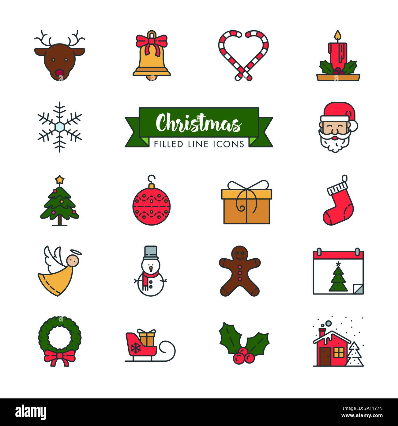 Collection of Christmas Holidays filled outline style icons. Festive winter season vector color 