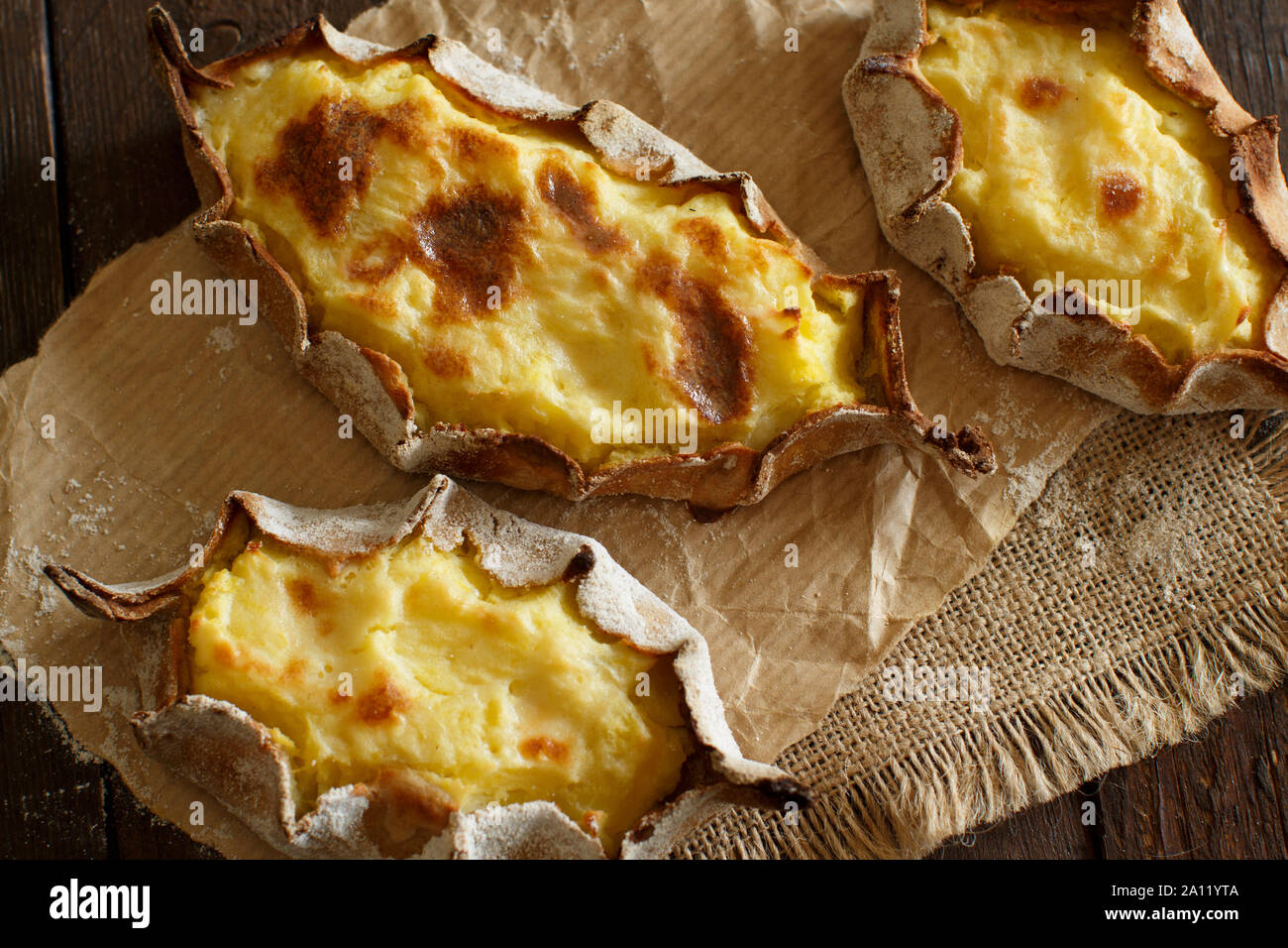 Traditional karelian pasties with potatoes top view Stock Photo