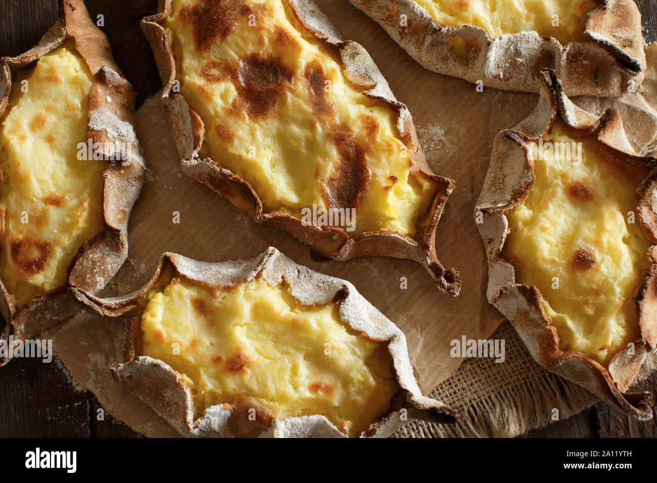 Traditional karelian pasties with potatoes top view Stock Photo