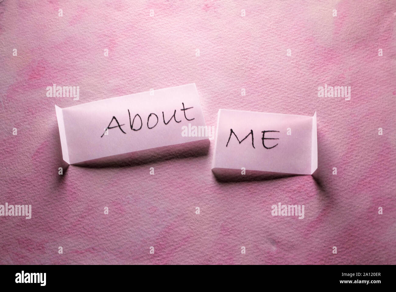 Close up of an About Me tag on paper Stock Photo