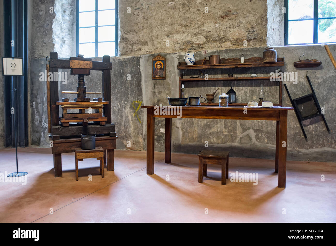 31 August 2019 - Paper Valley, Toscolano Maderno (BS) Italy, Paper Museum, old press Stock Photo