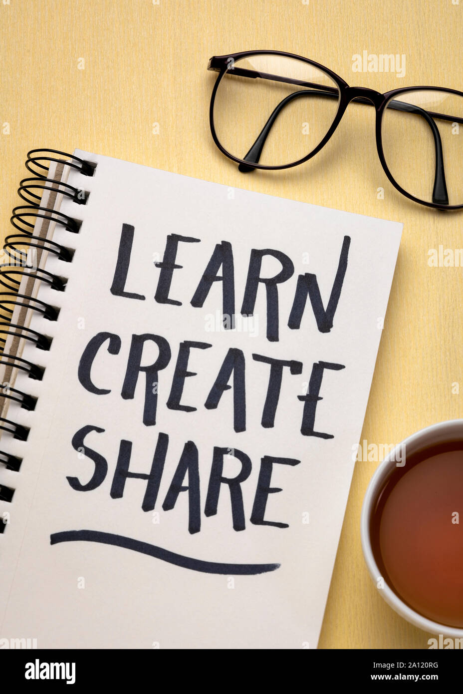 learn, create, share concept - handwriting in a spiral sketchbook with ...