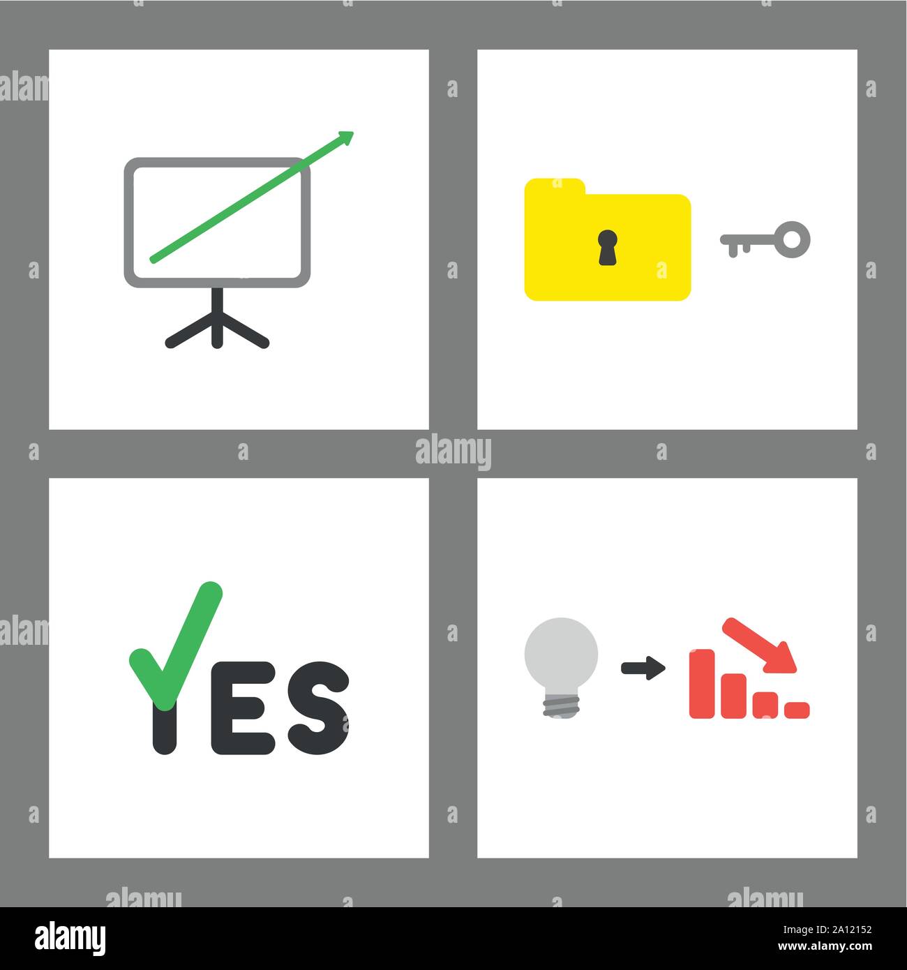 Vector icon concept set. Sales arrow moving out of chart, unlock or lock folder, yes with check mark, bad idea and decrease in sales. Stock Vector
