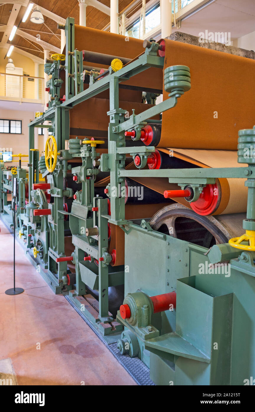 31 August 2019 - Paper Valley, Toscolano Maderno (BS) Italy, Paper Museum, continuous machine (Tamburella) for the manufacture of paper and cardboard, Stock Photo