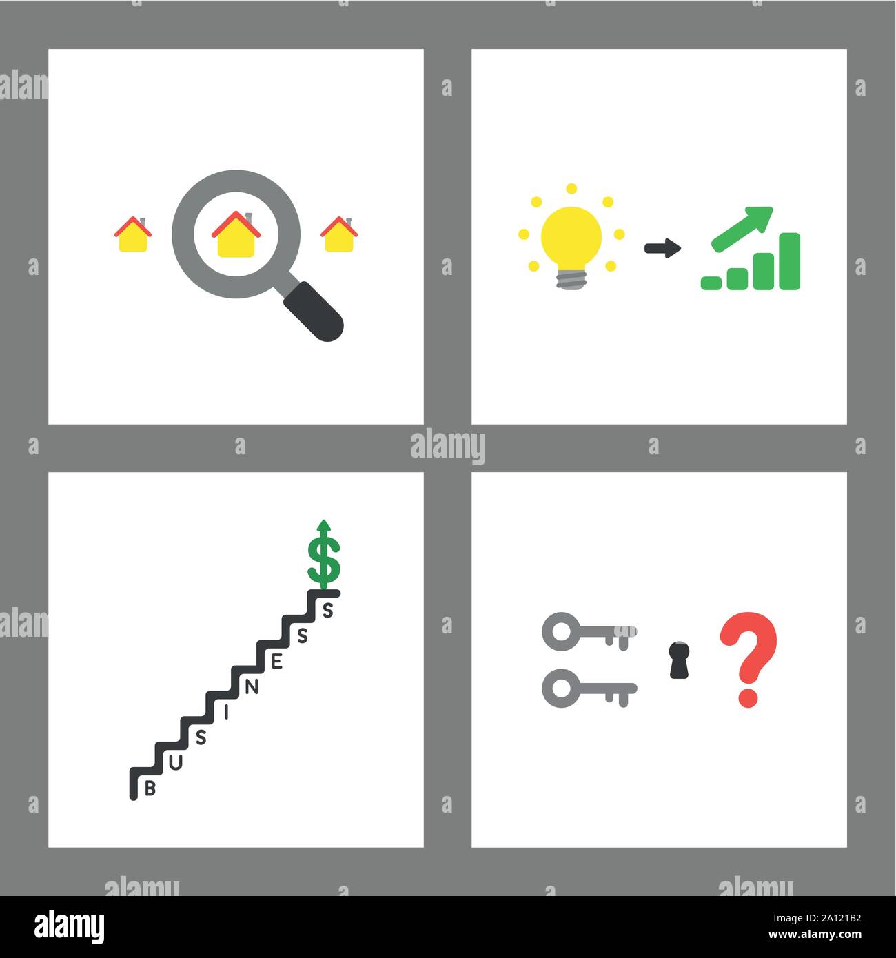 Vector icon concept set. Home searching, idea light bulb and increase sales, dollar up on top of business stairs, two keys and keyhole. Stock Vector