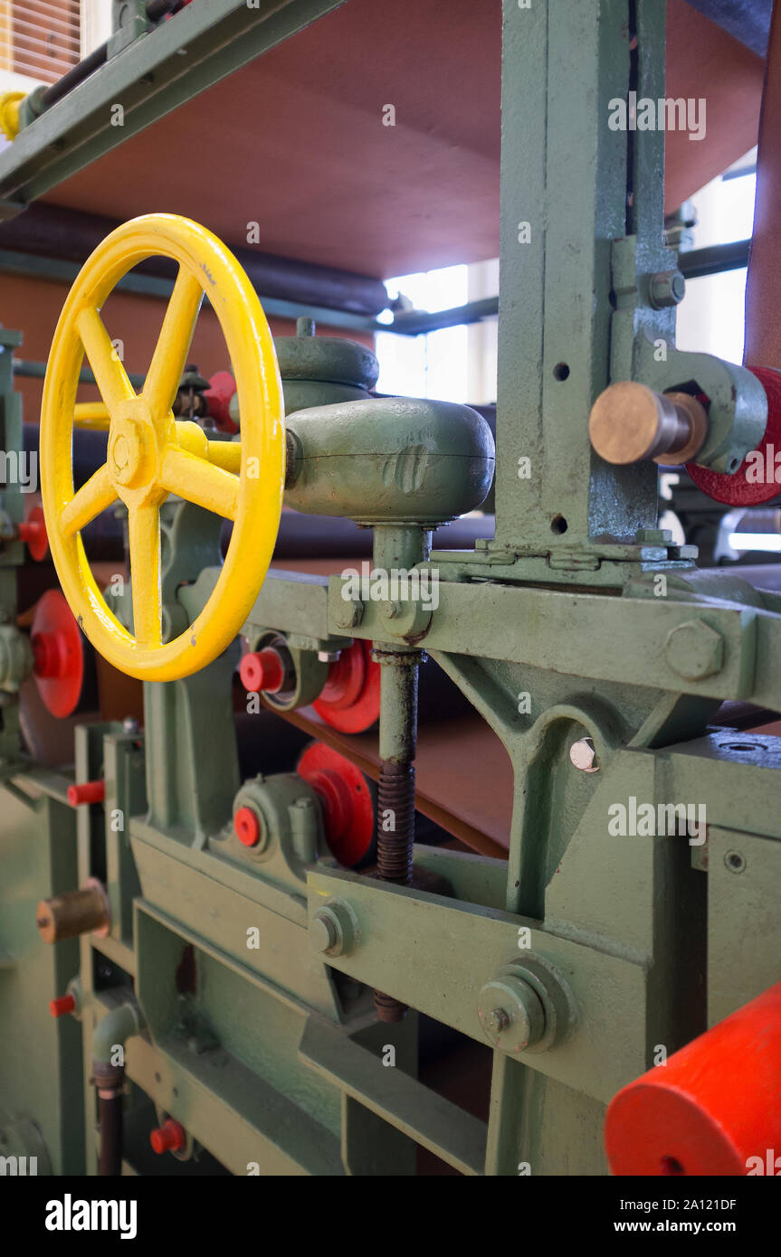 31 August 2019 - Paper Valley, Toscolano Maderno (BS) Italy, Paper Museum, continuous machine (Tamburella) for the manufacture of paper and cardboard, Stock Photo