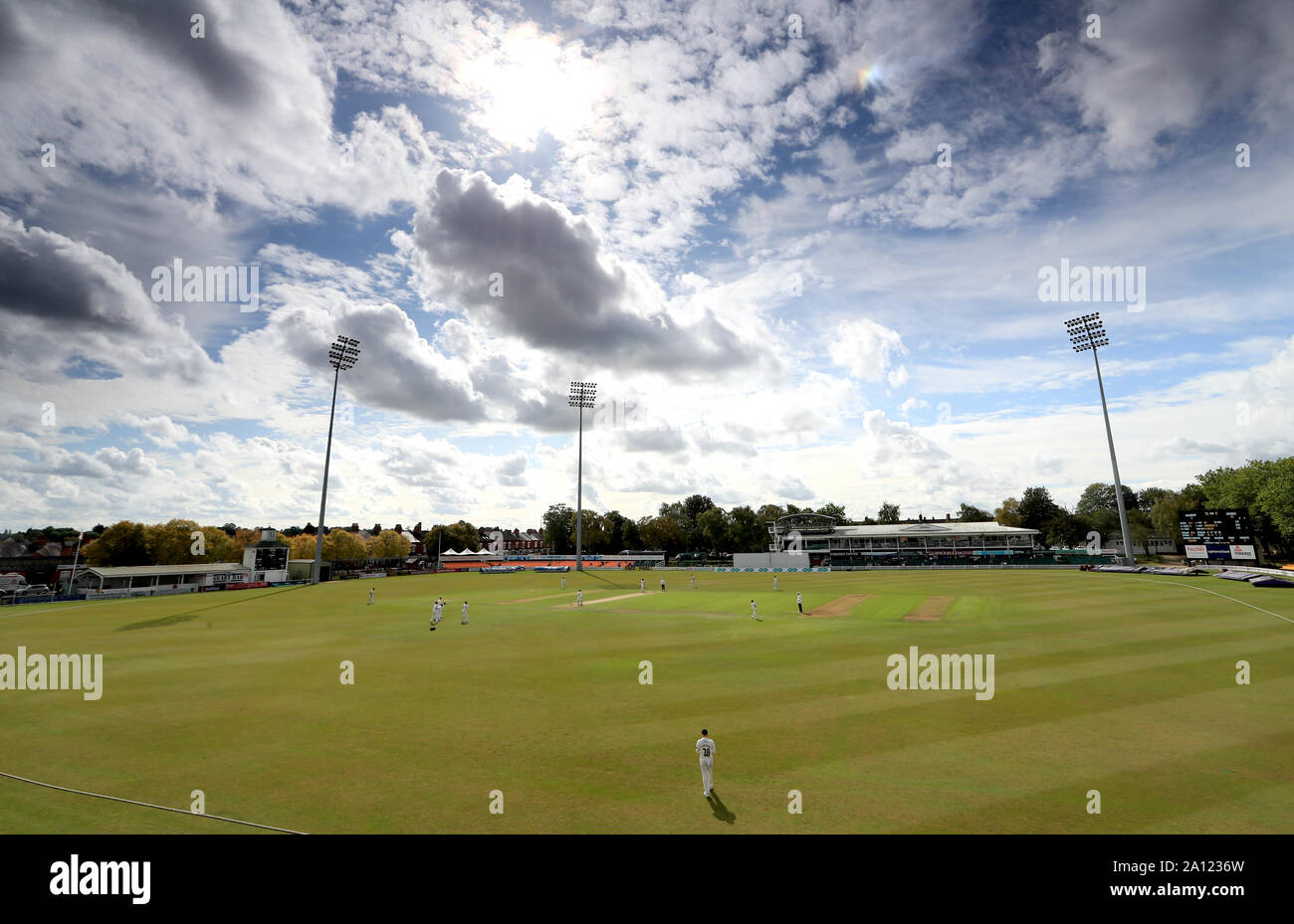 A general view of the action during day one of the Specsavers County Championship Division Two match at The Fischer County Ground, Leicester. Stock Photo