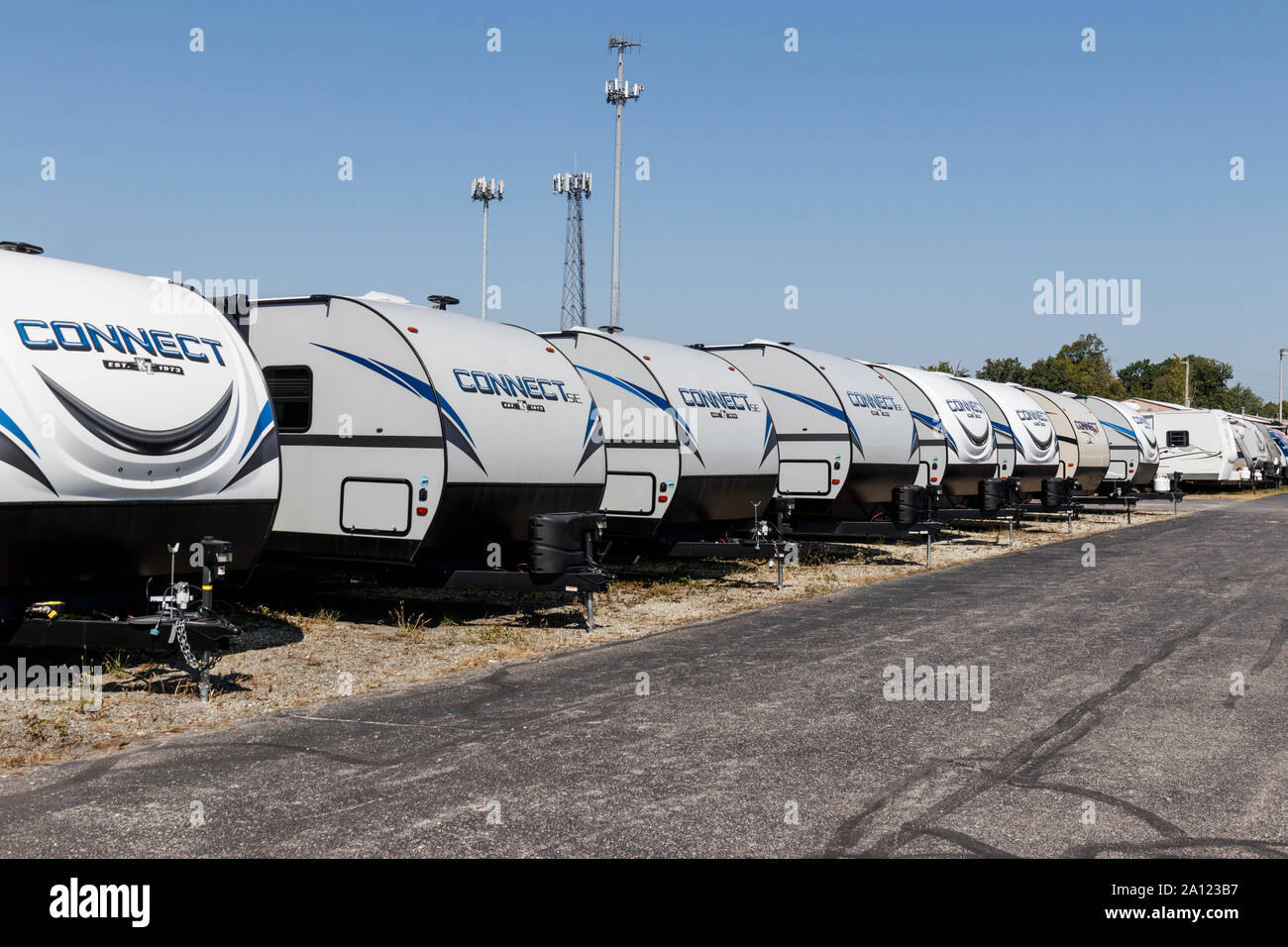 Indianapolis - Circa September 2019: Connect lightweight travel trailers by KZ for sale. KZ is a subsidiary of Thor Industries and manufactures differ Stock Photo