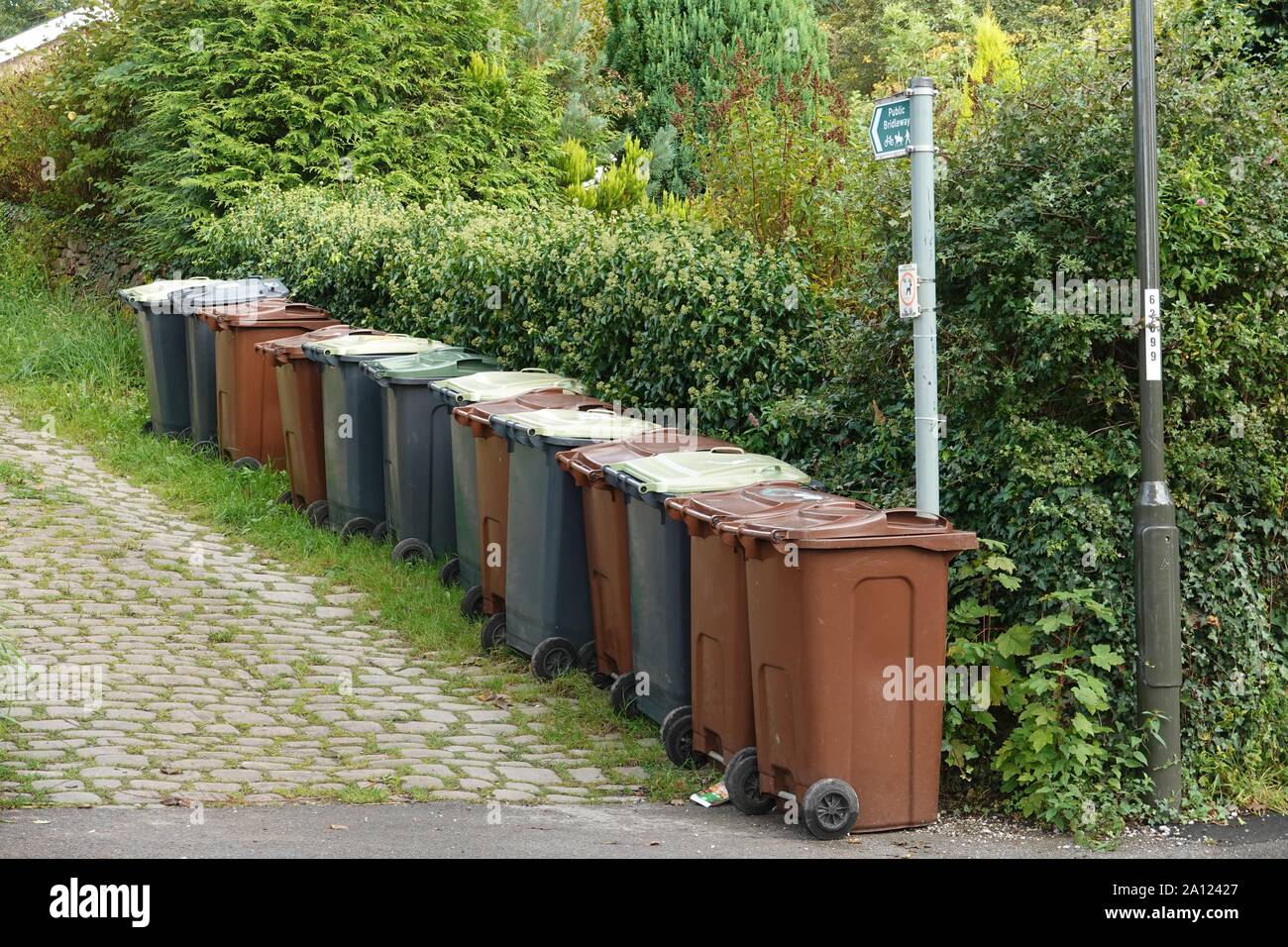 Wheelie bins waiting to be emptied Stock Photo Alamy