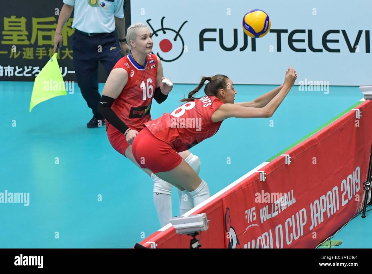 Toyama, Japan. 23rd Sep, 2019. Kseniia Parubets (R) of Russia competes during the Round Robin match between Russia and Argentina at the 2019 FIVB Women's World Cup in Toyama, Japan, Sept. 23, 2019. Credit: Zhu Wei/Xinhua/Alamy Live News Stock Photo