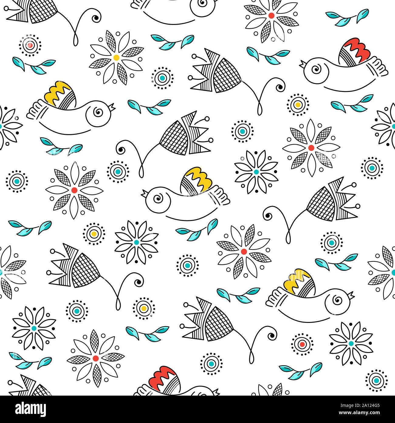 Vector seamless pattern, color drawings of birds, flowers, line art. Embroidery, ornament in folk style for background Stock Vector