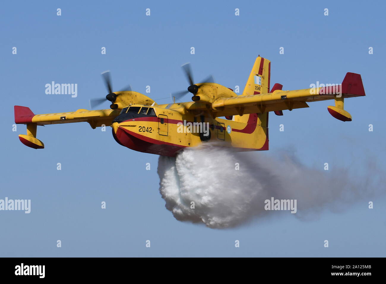 CANADAIR CL-415 FIRE FIGHTING WATER BOMBER OF THE GREEK AIR FORCE. Stock Photo