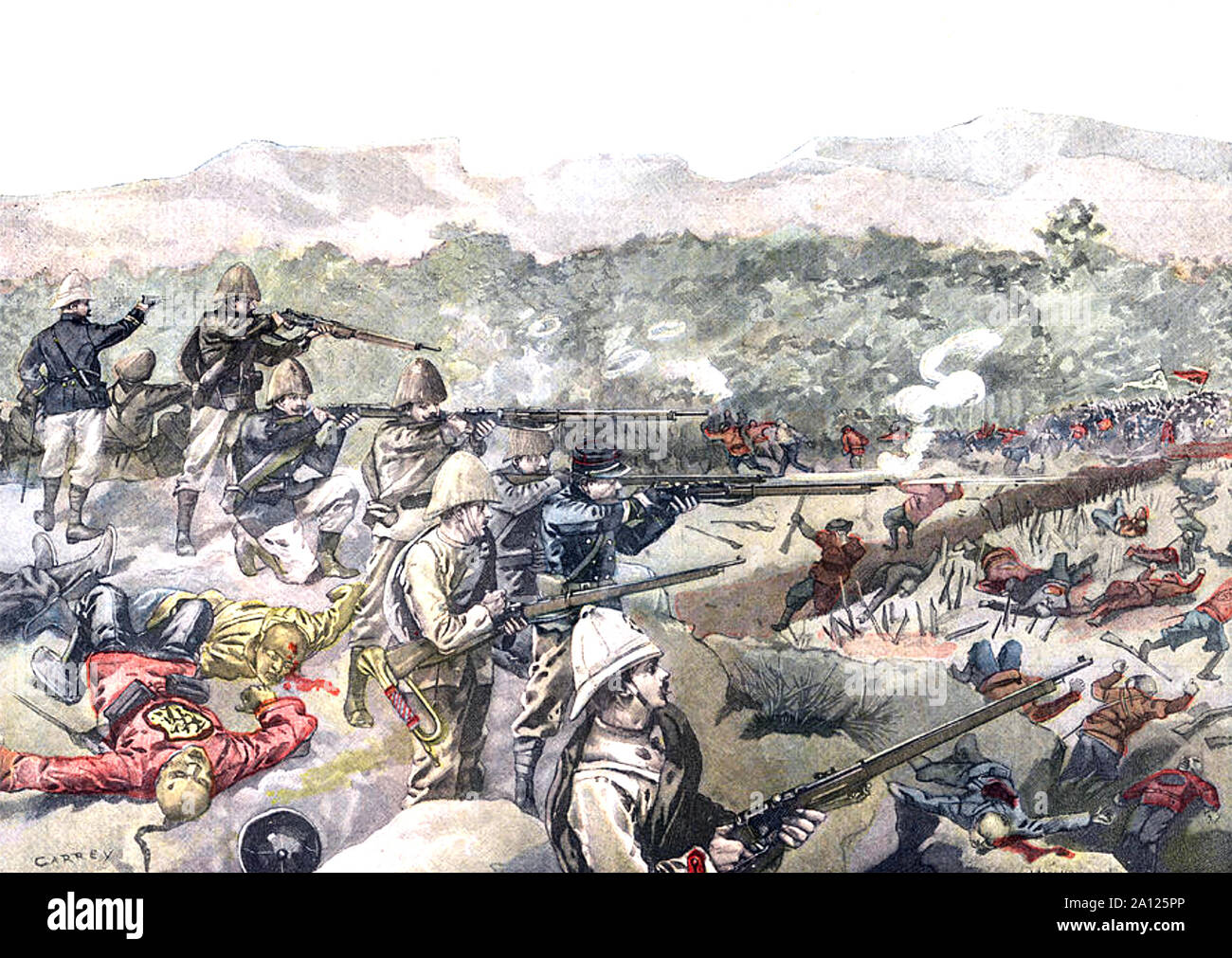 BOXER REBELLION 1899-1901. French soldiers firing at Chinese attackers Stock Photo