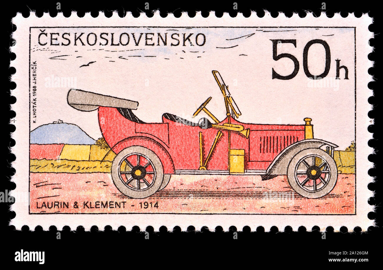 Czechoslovakian postage stamp (1988): Vintage car - Laurin & Klement 1914 Stock Photo