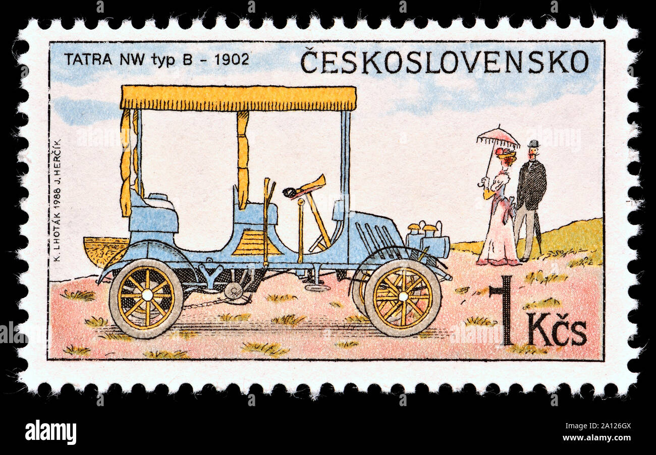 Czechoslovakian postage stamp (1988): Vintage car - Tatra NW Type B - 1902 Stock Photo